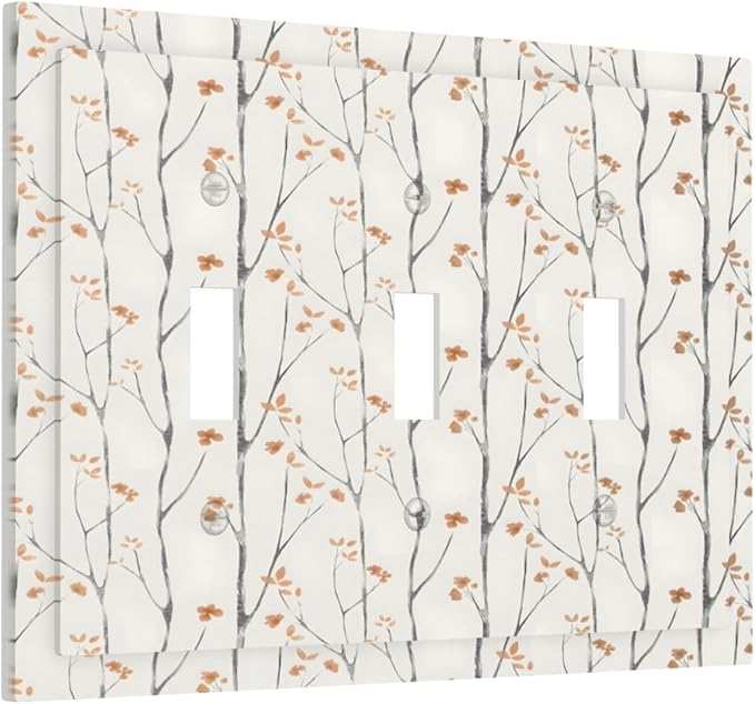 Boho Floral Watercolor Tree Branch Flower Minimalist Decorative Switch Plates 3 Gang Wall Plate Triple Toggle Light Switch Cover Faceplate Electrical Wall Panels for Bedroom Living Room Decor