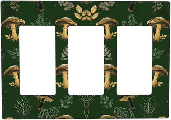 Decorative Outlet Covers Cute Gold Mushtroom Green Plant Leaf 3 Gang Light Switch Cover Plate Triple Rocker Wall Plates for Electrical Outlets Switch Plate Covers for Bedroom Home Decor