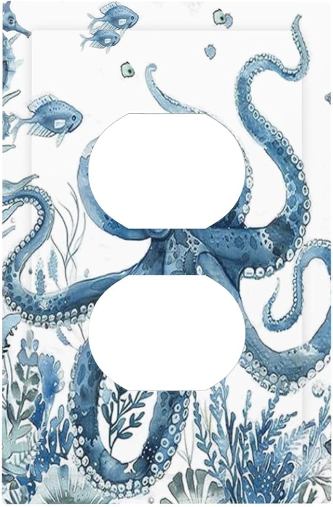 Blue Octopus Squid Seahorse Coral Watercolor Wild Sealife Outlet Covers 1 Gang Duplex Light Switch Cover Decorative Switch Plates Electrical Receptacle Faceplate Wall Plate for Bathroom Kids Room