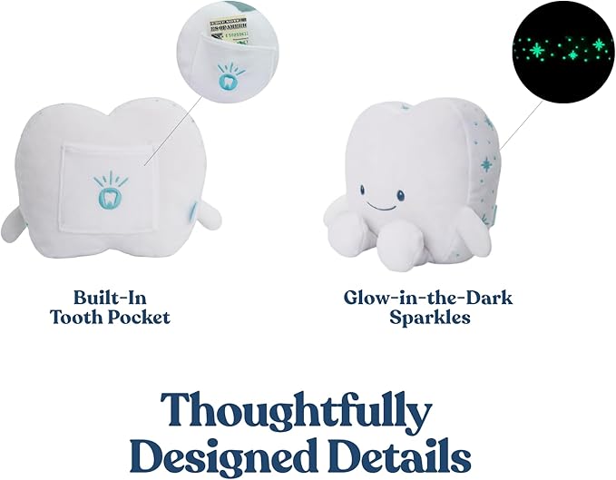 Tooth Fairy Pillow for Kids with Tooth Pocket, Tugs The Tooth Pillow, Comfort Plush for Loose Teeth, Big Feelings & Bedtime, Glow in The Dark, Ages 3+