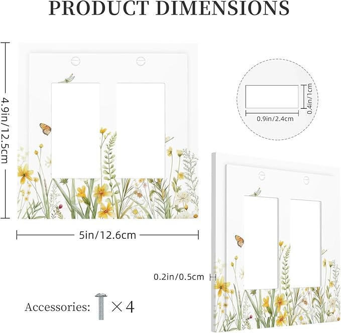 Colorful Wildflowers Dragonfly Butterfly Floral Decorative Outlet Covers 2 Gang Double GFCI Rocker Electrical Wall Panels Light Switch Cover Plate for Bedroom Living Room Decor