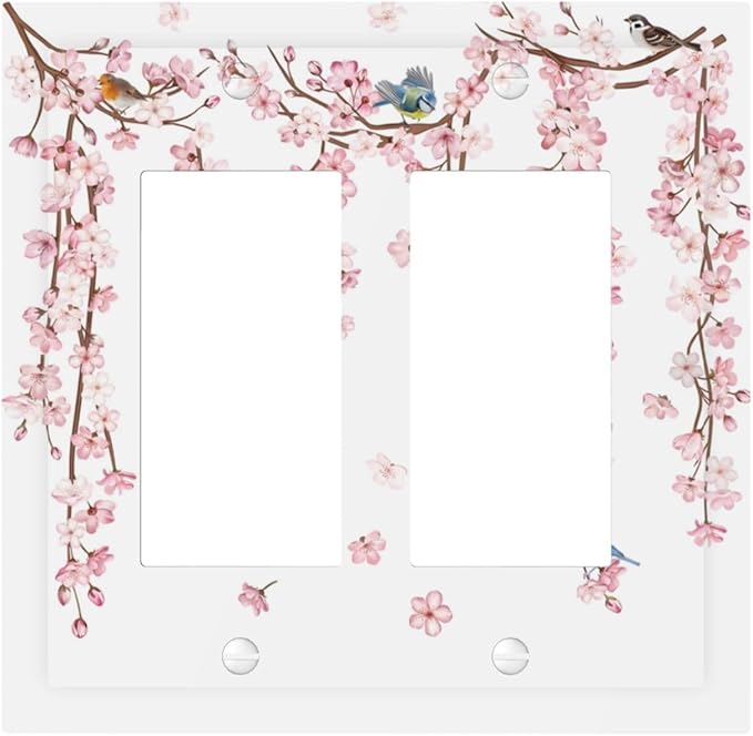 Pink Cherry Blossom Flower Vine Floral Tree Branch Birds Decorative Outlet Covers 2 Gang Double GFCI Rocker Electrical Wall Panels Light Switch Cover Plate for Bedroom Living Room Decor
