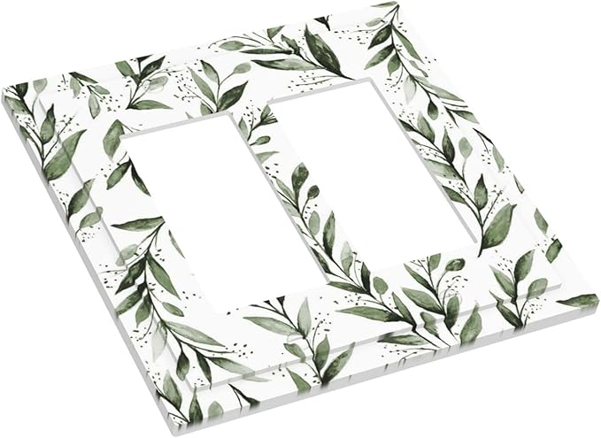 Green Leaf Olive Leaf Sage Floral Decorative Outlet Covers 2 Gang Double GFCI Rocker Electrical Wall Panels Light Switch Cover Plate for Bedroom Living Room Decor