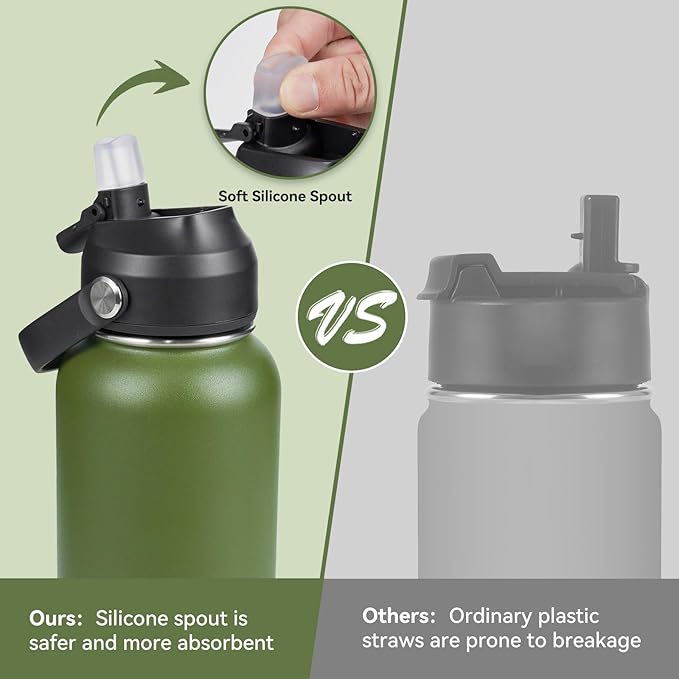 Fijinhom 32oz Insulated Stainless Steel Water Bottle, Wide Mouth Double Wall Vacuum, Silicone Straw, Sweat & Leak Proof, BPA Free Insulated Water Flask for Travel, Keep Cold 24h Hot 12h, Green