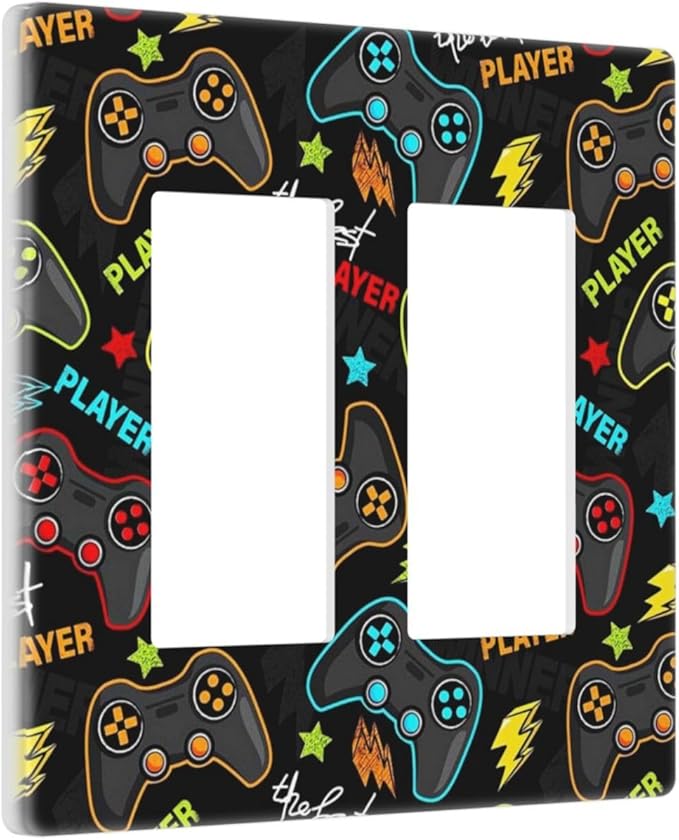 Teen Kid Boys Video Playing Gamer Gaming Game 2 Gang Double Rocker/Decorator Light Switch Cover Funny Controller Decorative Wall Plate Electrical Face Outlet Covers Screwless for Dimmer, USB Outlet