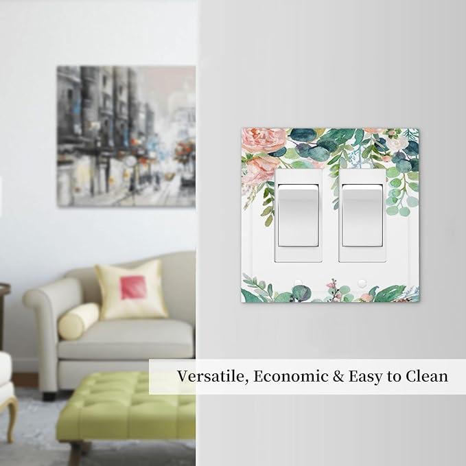 Green Eucalyptus Leaves Floral Watercolor Flower Decorative Outlet Covers 2 Gang Double GFCI Rocker Electrical Wall Panels Light Switch Cover Plate for Bed Room Living Room Decor