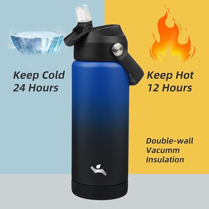 Konokyo Insulated Water Bottle with Straw Lid,18 oz Stainless Steel Vacuum Metal Bottle with Silicone Handle,Black Blue