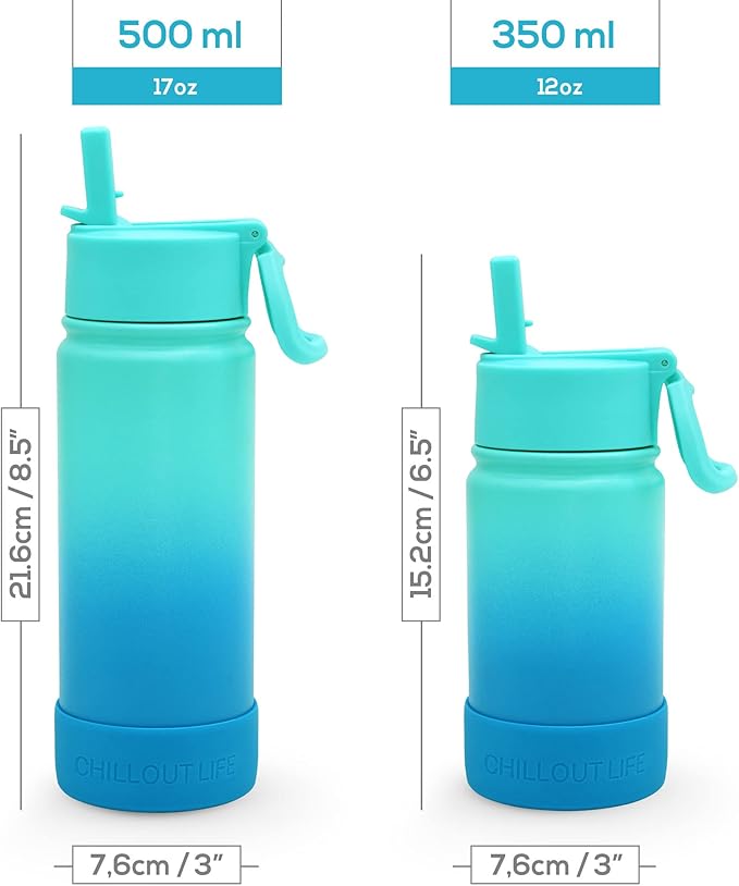 CHILLOUT LIFE 17 oz Kids Insulated Water Bottle for School with Straw Lid Leakproof and Cute Waterproof Stickers, Personalized Stainless Steel Thermos Flask Metal Water Bottle for Girls & Boys