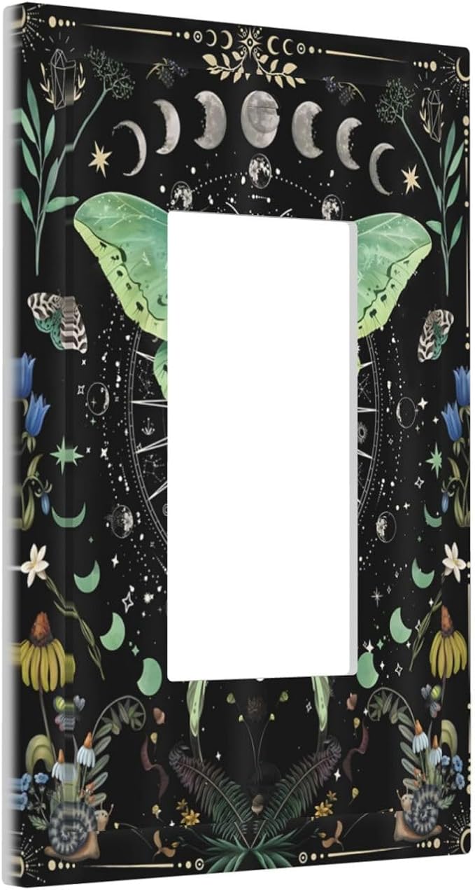 Moon Phase Butterfly Wildflower Plant Mysterious Night Moonlit Decorative Outlet Covers 1 Gang Single Rocker Light Switch Cover Plate Wall Plates GFCI Faceplate for Bedroom Living Room Decor