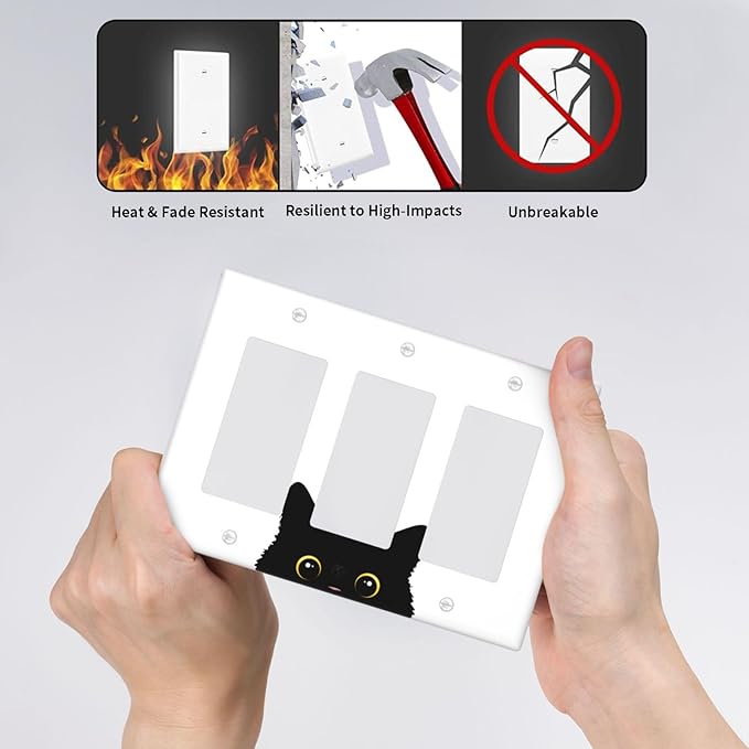Cute Cat Black Triple Gang Rocker Decorative Light Switch Cover, 3-Gang Wall Plate Outlet Cover