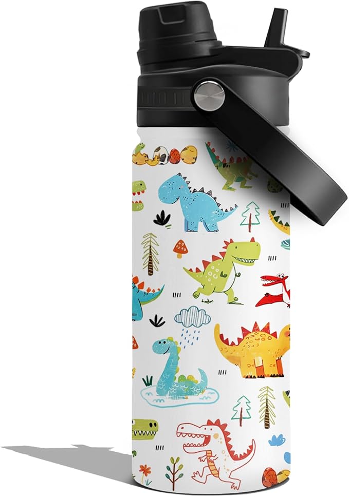 Insulated Water Bottle 18oz, Dinosaur Water Bottle with 2-in-1 Straw and Spout Lid, White Dinosaur Cup Leakproof, Cute Dinosaurs Cup for Dinosaurs Lover, Birthday Gift Ideal for Women Man