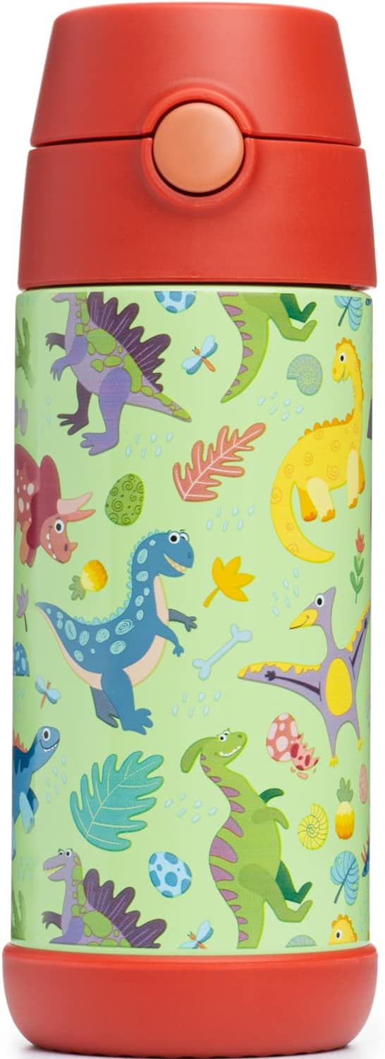 Snug Insulated Kids Water Bottle with Straw & Spout – Double-Wall Stainless Steel, Leakproof, Easy-Flip Lid – For School, Travel, Toddlers & Big Kids - Dinosaurs, 12oz