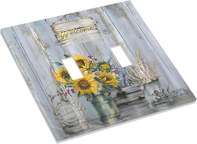 Rustic Sunflower Floral Vintage Wood Board Decorative Switch Plates 2 Gang Double Toggle Outlet Light Switch Cover Wall Plate Electrical Faceplate for Farmhouse Home Decor