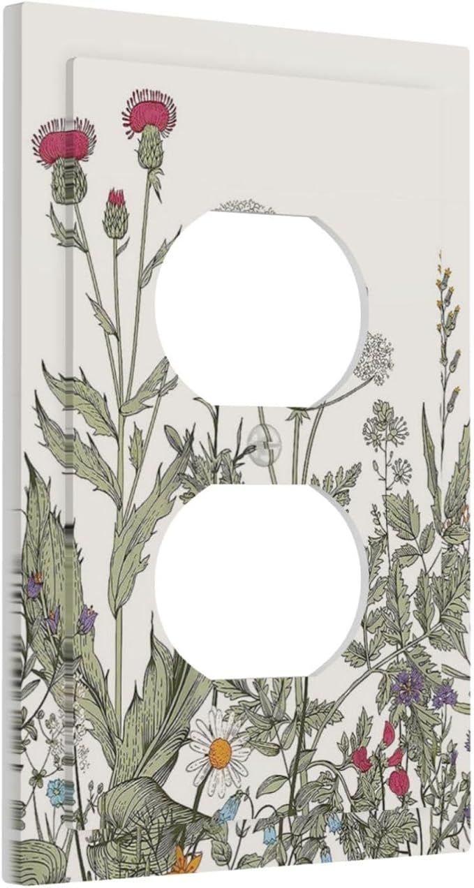 Rustic Country Floral Flowers Blossom Botanical Plant Herbs Wildflower 1 Gang Electrical Device Duplex Receptacle Light Switch Outlet Cover Wall Plate Electric Plug Socket Cover Decorative Switchplate
