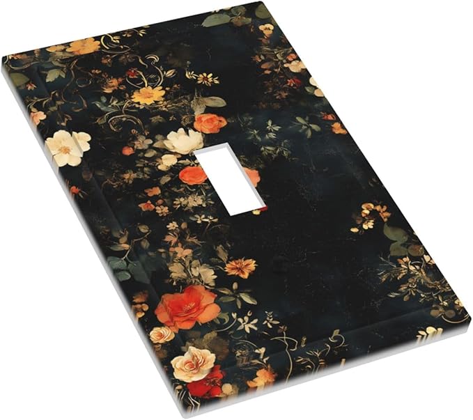Vintage Orange Pink Black Roses Floral Flower Decorative Light Switch Cover 1 Gang Single Toggle Device Electrical Faceplate Switchplates Decorator Outlet Wall Plate for Farmhouse Bedroom Decor