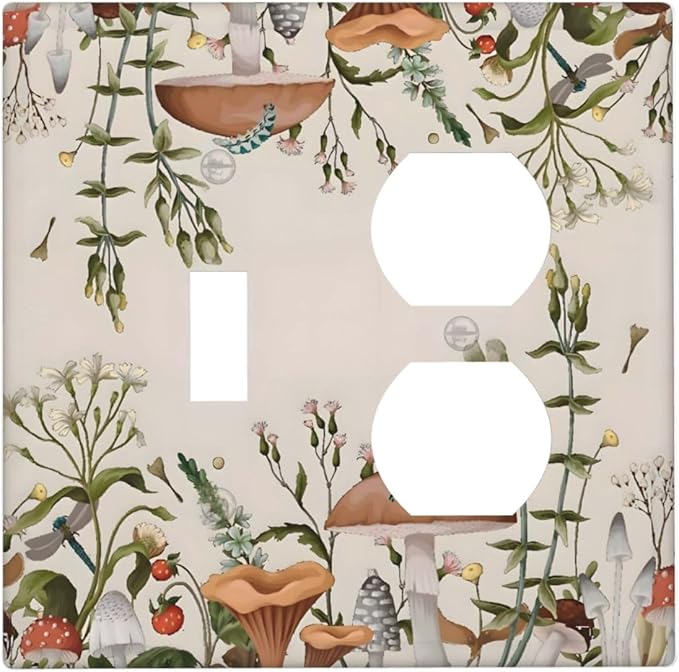 Boho Mushroom Forest Plants Wildflowers Insects Wallplates 1 Toggle 1 Duplex Switch Plate Electrical GFCI Faceplate Decorative Light Switch Covers for Kids Room Home Decor