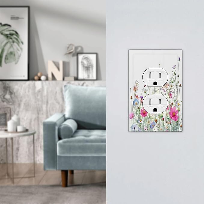 Outlet Covers Boho Colorful Flowering Plant Wild Flower 1 Gang Duplex Light Switch Cover Decorative Switch Plates Electrical Receptacle Faceplate Wall Plate For Bed Room Living Room