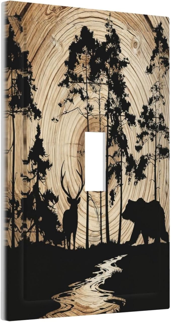 Rustic Forest Antler Black Bear Deer Silhouettes Decorative Light Switch Cover 1 Gang Single Toggle Device Electrical Faceplate Switchplates Decorator Outlet Wall Plate for Farmhouse Home Decor