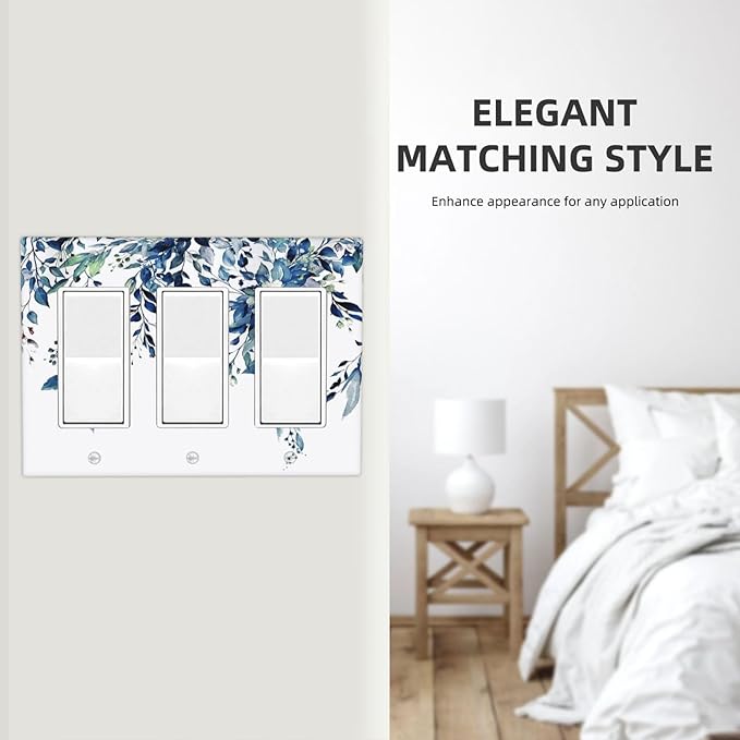 Blue Eucalyptus Watercolor Leaves 3 Gang Rocker Light Switch Plate Green Plant Triple Decora Outlet Wall Plate Cover Faceplate Decorative Switchcovers GFCI for Bathroom Living Room Bedroom Decor
