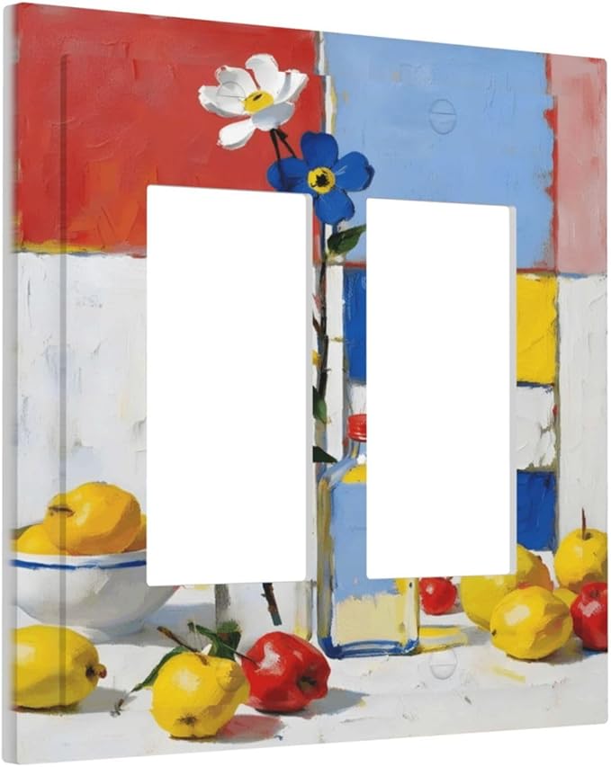 Color Block Floral Still Life Art Red Yellow Blue Abstract Decorative Outlet Covers 2 Gang Double GFCI Rocker Electrical Wall Panels Light Switch Cover Plate for Farmhouse Bedroom Decor