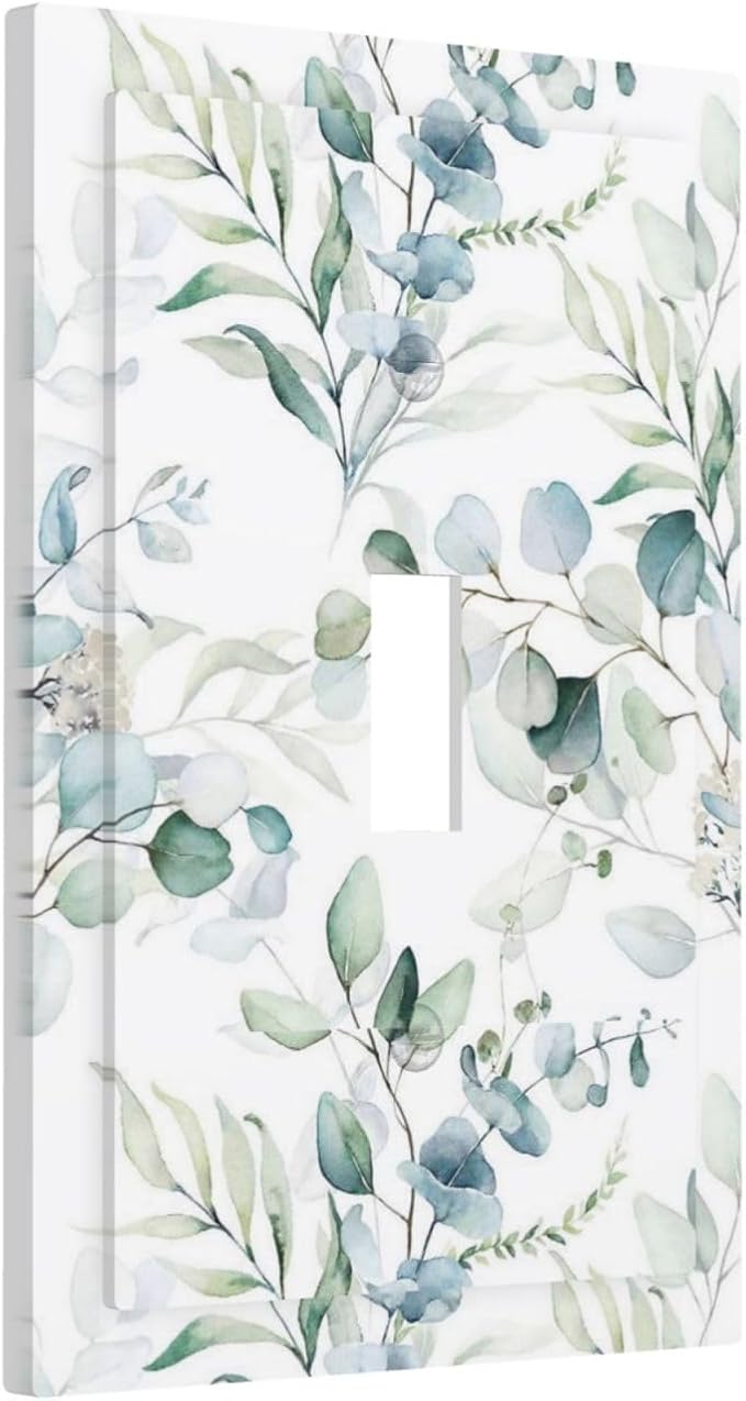 Watercolor Green Eucalyptus Leaves Decorative Single Toggle Light Switch Cover 1-Gang Wall Plate Blossom Spring Sage Botanical Plants Floral Electrical Outlet Faceplate Receptacle Cover Mid Size