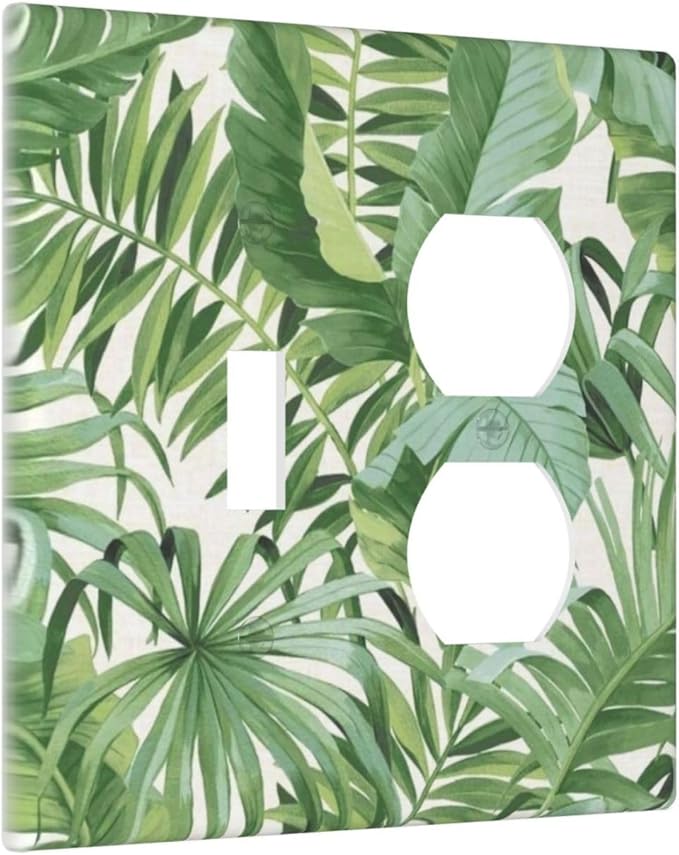 Green Tropical Palm Tree Leaf Decorative Outlet Covers 2 Gang Combination 1-Toggle 1- Duplex Light Switch Covers Summer Vibrant Vivid Leaves Electrical Two Device Single Toggle/Duplex Combo Wall Plate