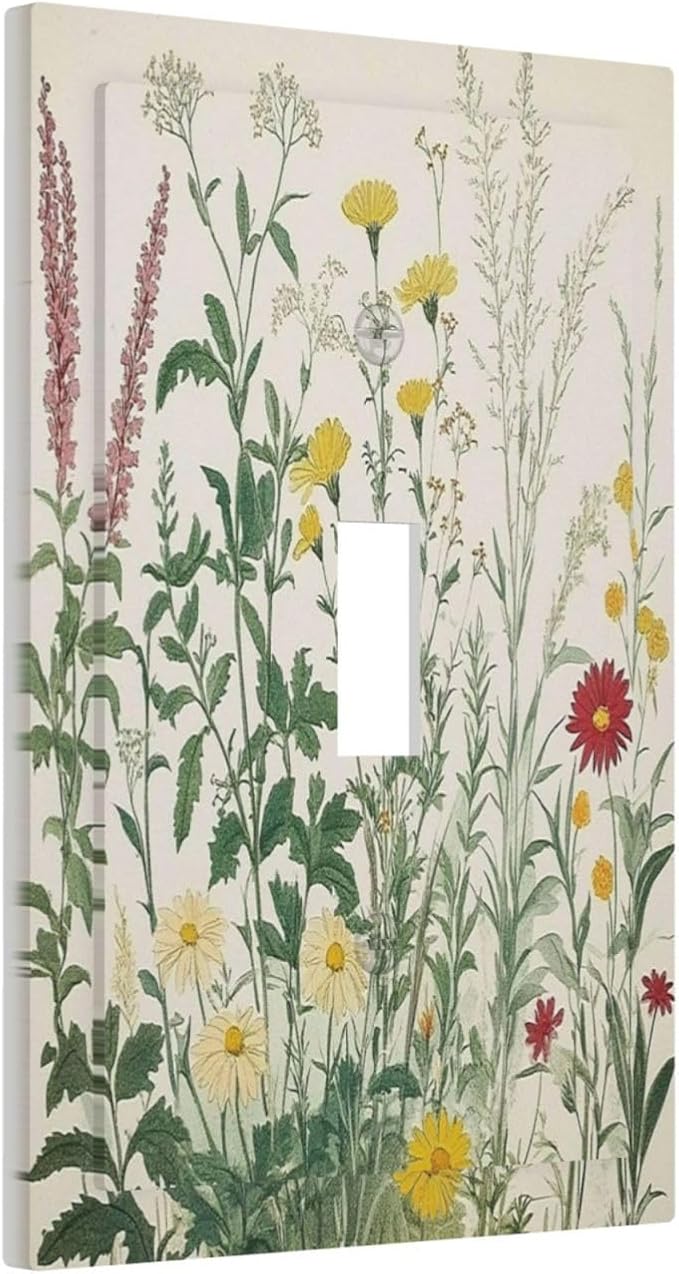 Rustic Wildflower Green Plants Daisy Floral Decorative Light Switch Cover 1 Gang Single Toggle Device Electrical Faceplate Switchplates Decorator Outlet Wall Plate For Farmhouse Bed Room Decor
