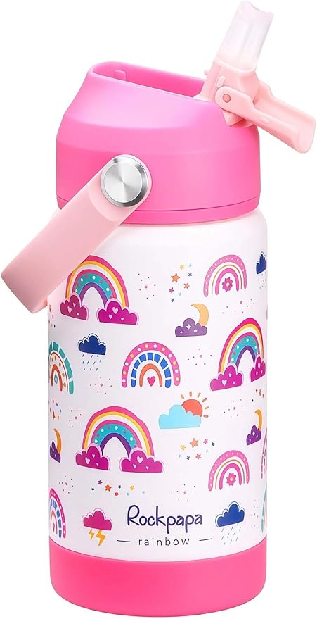 rockpapa 14 oz Kids Insulated Water Bottle，Stainless Steel Toddler Cups with Straws, BPA Free, Leak-Proof, Kids Water Bottle for School Boys& Girls (White Rainbow)