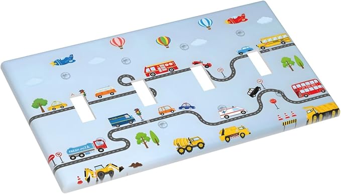 Road Construction Car Truck Hot Air Balloon Light Switch Covers Quad Toggle Electrical Faceplate 4 Gang Wall Plate Decorative Switch Plates Cover for Nursery Kids Room Decor