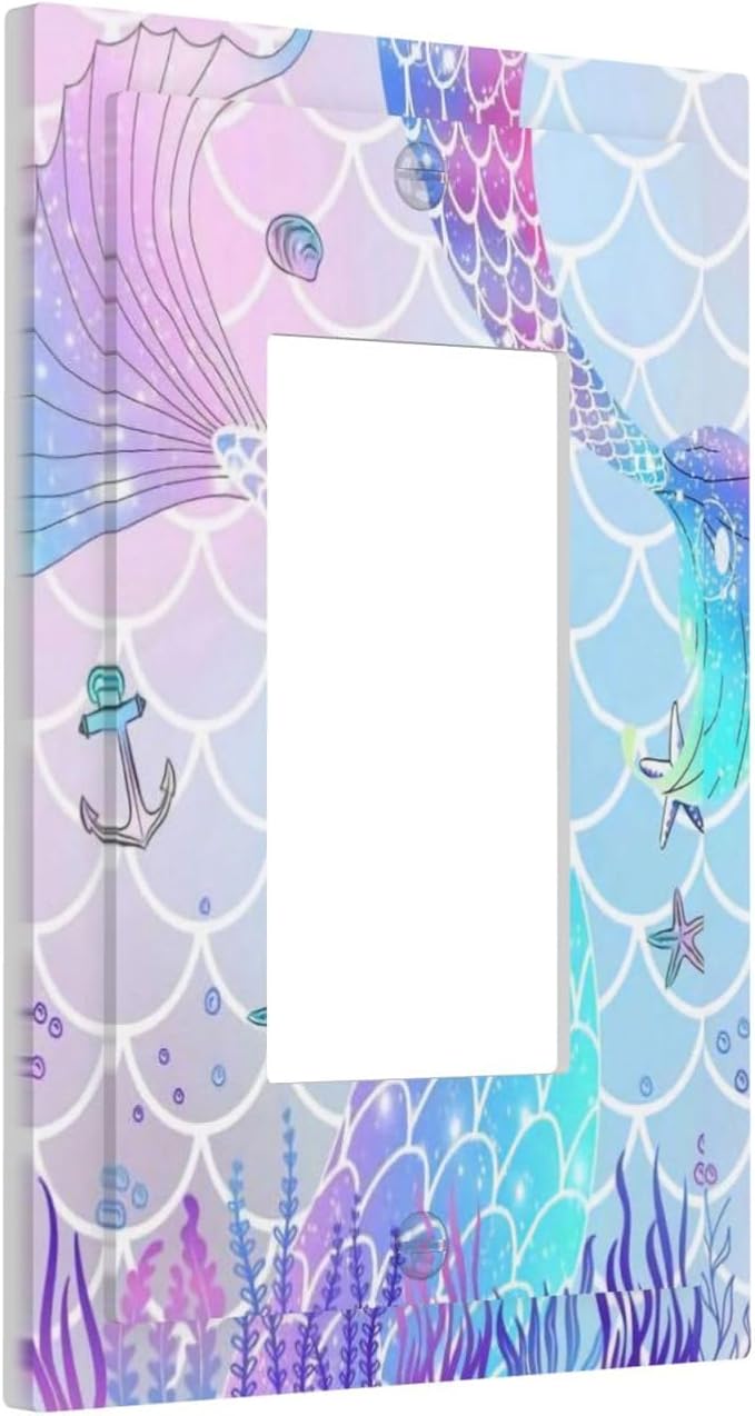 1 Gang Single Decorator/Rocker GFCI Outlet Wall Plate Light Switch Cover Plate Cute Girls Blue Purple Pink Mermaid Tail Scale Electrical Device Face Plug Plate for Dimmers, Receptacle, USB Outlet