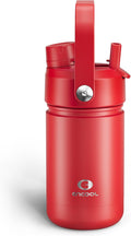 Kids Insulated Water Bottle with Straw - 12oz Stainless Steel Water Bottle with Dual Spouts, Leak-Proof, BPA-Free, Double Wall Vacuum Keeps Cold for 24 Hours for Sports, Travel (Medium Carmine)
