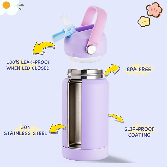 Kerilyn 12oz Water Bottle 2 Pack, Stainless Steel Insulated Water Bottle Bulk with Straws Leak-Proof,BPA Free, 2 Piece Set Lilac Duet