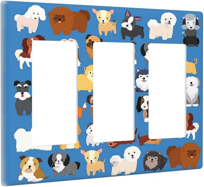 Cute Animal Dogs Puppy Decorative Outlet Cover Triple Rocker Light Switch Plate Cover Electricity Receptacles Plates For Home Kitchen Living Bedroom 6.57 * 4.65