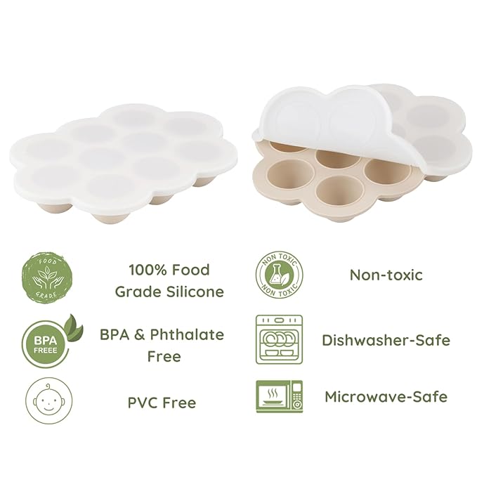 PandaEar 3-Pack Silicone Baby Food Freezer Trays with Lids - 10 Small Portions per Tray (Approx. 1oz/1.5-2 tbsp) - Flexible Storage Container for Breast Milk & Purees, Blue/Green/Beige