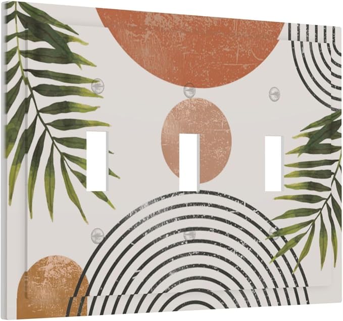 Beautiful Boho Mid Century Large Archs Sun Leaves Plants Decorative Switch Plates 3 Gang Wall Plate Triple Toggle Light Switch Cover Faceplate Electrical Wall Panels for Bedroom Living Room Decor
