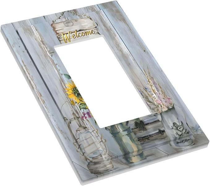 Rustic Sunflower Floral Vintage Wood Board Decorative Outlet Covers 1 Gang Single Rocker Light Switch Cover Plate Wall Plates GFCI Faceplate for Farmhouse Home Decor
