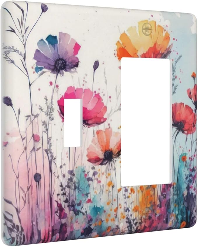 Decorative Outlet Cover Colorful Watercolor Wildflowers Elegant Painting Floral 2 Gang Wall Plate Single Toggle 1 Rocker Light Switch Cover Switch Plate Covers Faceplate for Bedroom Decor