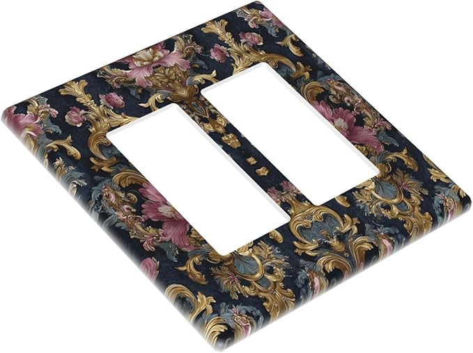 Decorative Outlet Covers Rococo Pink Floral Flower Gold Leaf 2 Gang Light Switch Cover Plate Double Rocker Wall Plates for Electrical Outlets Switch Plate Covers for Bedroom Home Decor