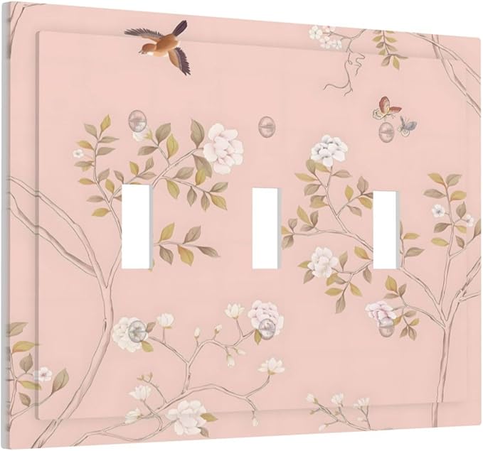 Pink Background Flowers Bird Butterflies Floral Decorative Switch Plates 3 Gang Wall Plate Triple Toggle Light Switch Cover Faceplate Electrical Wall Panels for Bedroom Living Room Decor