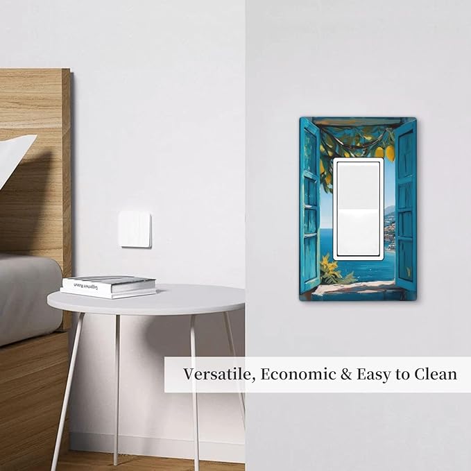 Decorative Art Light Switch Covers Blue Seaside Window with Lemons 1 Gang Rocker Outlet Wall Plate Switchplate Electrical Faceplate for Home Decor