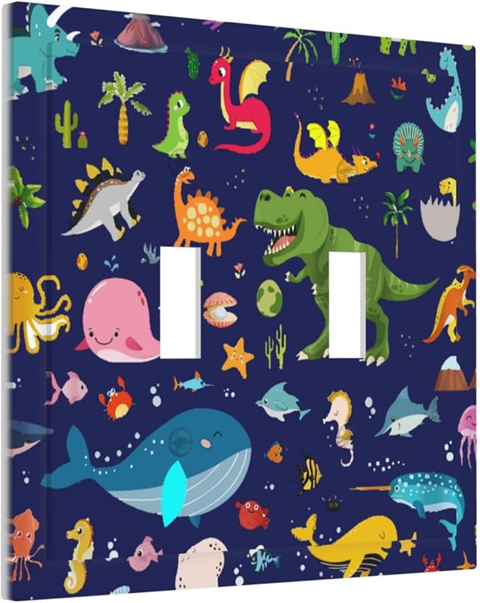 Cartoon Funny Cool Blue/Green Dinosaur Double Toggle Wall Plate Ocean Dolphin Safari Animal Boys Kids Whale Dolphin Decorative 2-Gang Light Switch Cover Electrical Receptacle Outlet Face Plate Cover
