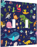 Cartoon Funny Cool Blue/Green Dinosaur Double Toggle Wall Plate Ocean Dolphin Safari Animal Boys Kids Whale Dolphin Decorative 2-Gang Light Switch Cover Electrical Receptacle Outlet Face Plate Cover