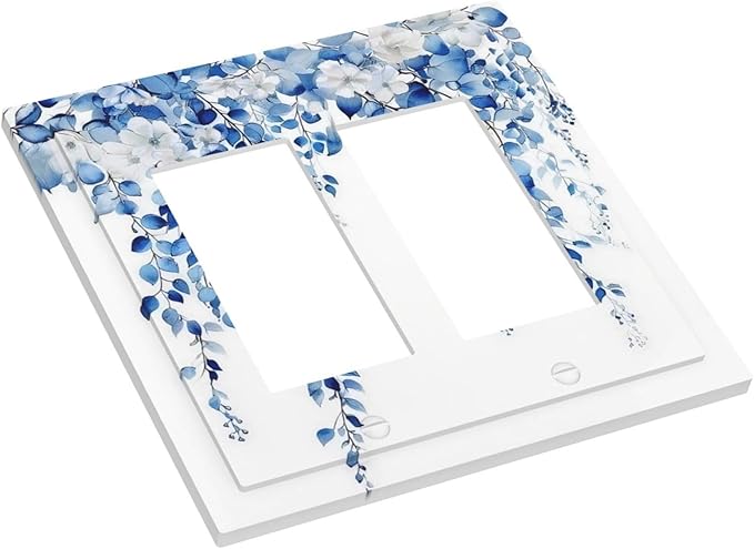 Blue Eucalyptus Leaves Floral Vine Flower Decorative Outlet Covers 2 Gang Double GFCI Rocker Electrical Wall Panels Light Switch Cover Plate for Bedroom Living Room Decor