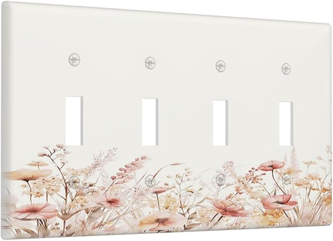 Light Switch Cover Plate Boho Floral Watercolor Flower Pattern 4 Gang Quad Toggle Wall Plate Electrical Outlet Cover Decorative Switch Plate Covers for living Room Home Decor