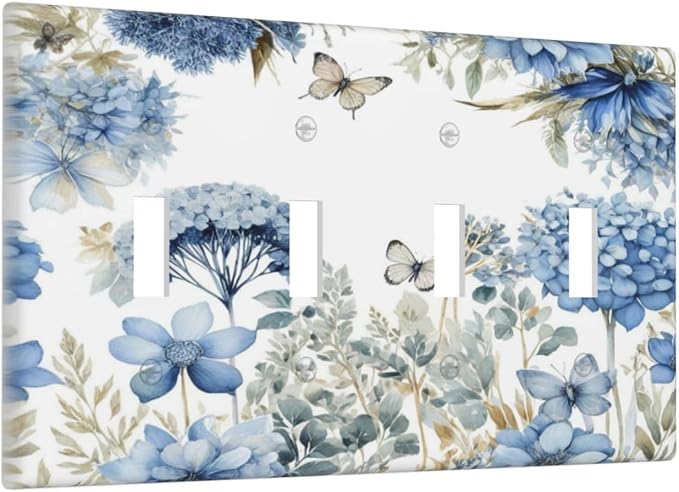 Decorative Light Switch Plate Covers Boho Blue Flowers Rustic Beige Butterfly Leaves 4 Gang Wall Plate Switch Cover Plate Quad Toggle Jumbo Electrical Faceplate for Country Home Decor
