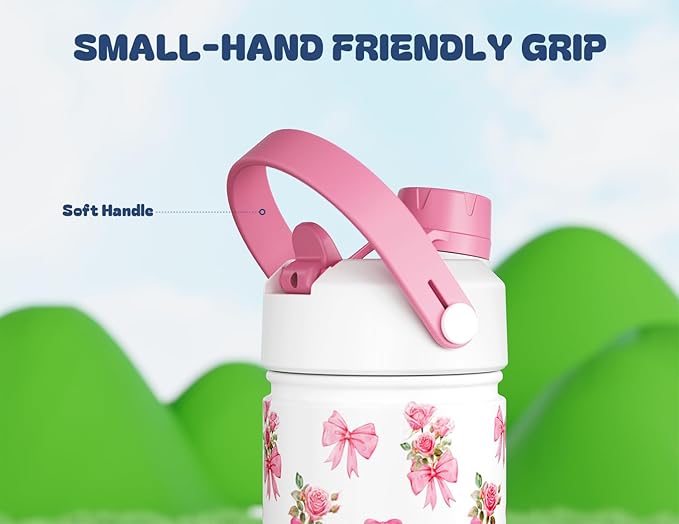 18 oz Insulated Girls Water Bottle: Spill-Proof, Stainless Steel Cup with Straw Spout Lid, BPA-Free, Cupholder Friendly, 24H Cold for School, Camping, Sports, Birthday Gift for Kids (Rosy Bouquet)