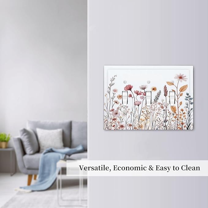Decorative Switch Plates Spring Floral Pink Wildflower Leaves Plants 3 Gang Wall Plate Triple Toggle Light Switch Cover Faceplate Electrical Wall Panels For Home Bed Room Decor