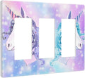 Cute Colorful Purple/Blue/Pink Rainbow Unicorn 3-Gang Rocker/Decorator Wall Plate Kid Girls Girly Dreamy Decorative Screwless Triple Device Light Receptacle GFCI Outlet Switch Faceplate Cover Dimmer
