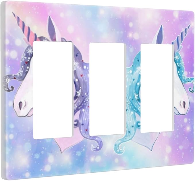 Cute Colorful Purple/Blue/Pink Rainbow Unicorn 3-Gang Rocker/Decorator Wall Plate Kid Girls Girly Dreamy Decorative Screwless Triple Device Light Receptacle GFCI Outlet Switch Faceplate Cover Dimmer