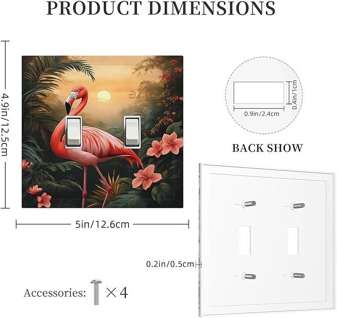 Tropical Flamingo Jungle Paradise Double Toggle Switch Cover - 2-Gang Standard US Size Exotic Jungle Escape Light Switch Covers for Bathroom Decor